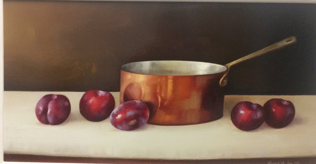 Still life painting of a copper saucepan surrounded by ripe plums, by David French Le Roy