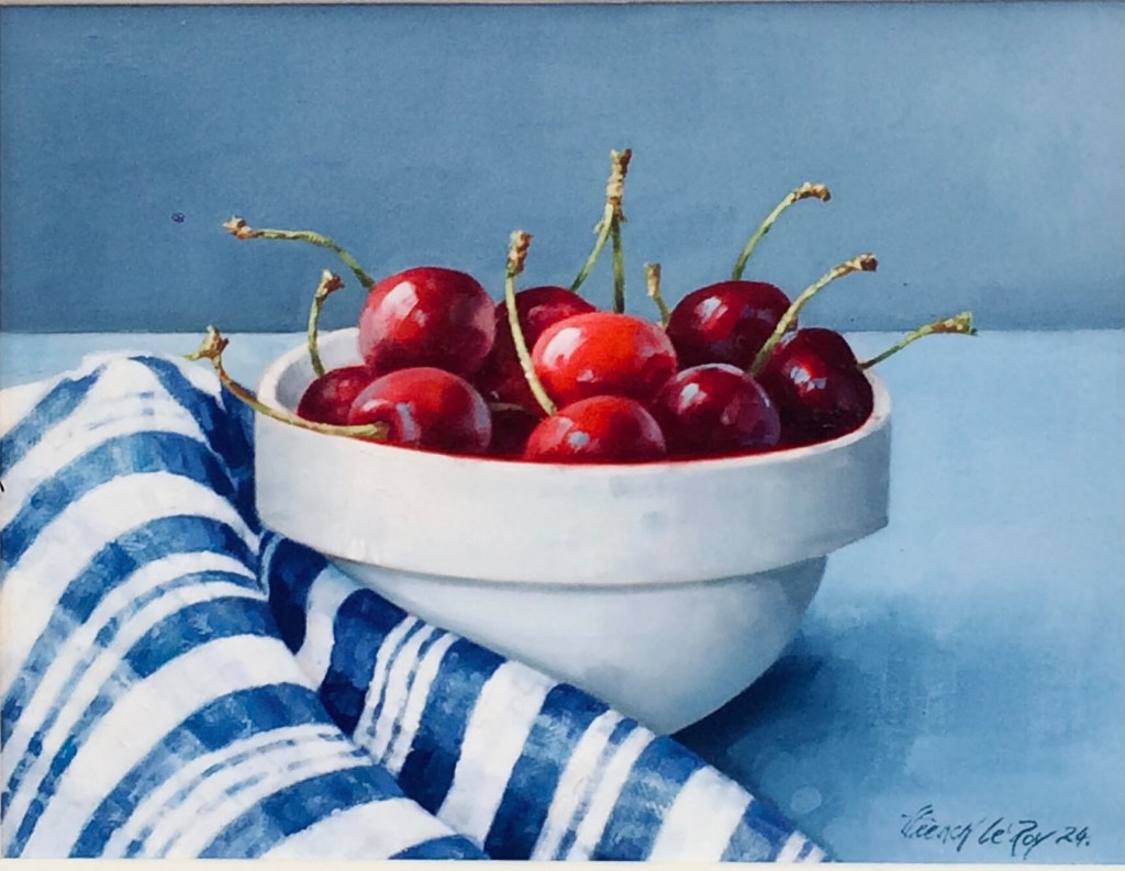 Still life painting of a bowl of cherries on a blue and white striped cloth, by David French Le Roy
