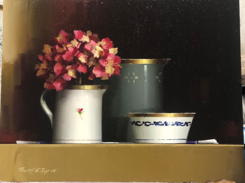 Still life painting of pink hydrangea in a white jug with a small rosebud, beside a dark green vase and a blue and white bowl, by David French Le Roy