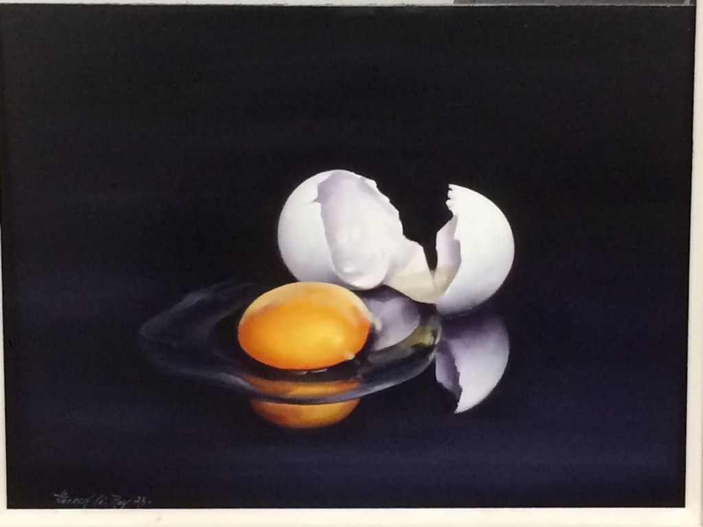 Still life painting of a broken eggshell with bright orange yolk on a dark reflective surface, by David French Le Roy